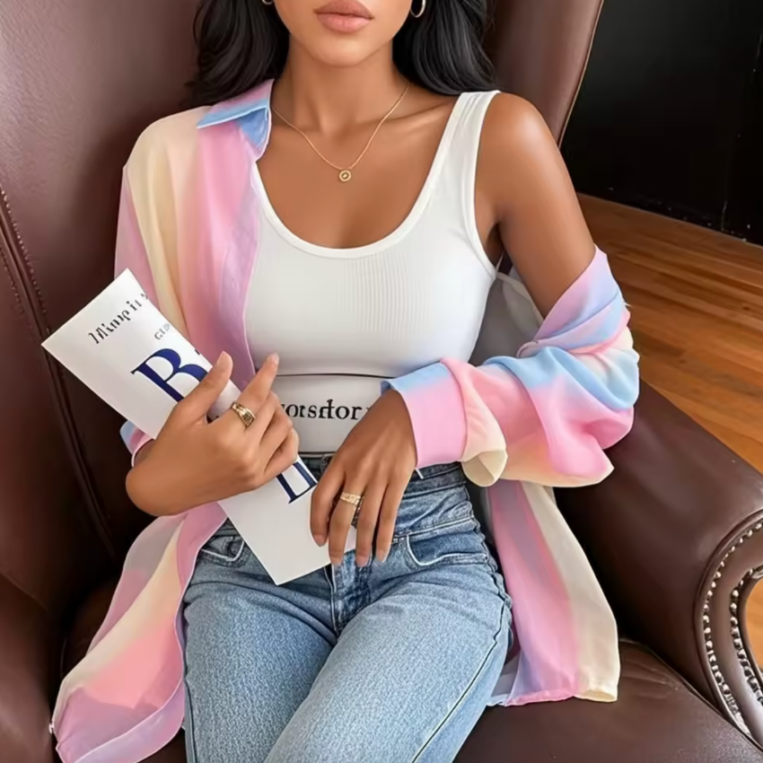 NAVARITA | Blusa larga con efecto degradado y transparencia ligera – Arcoiris