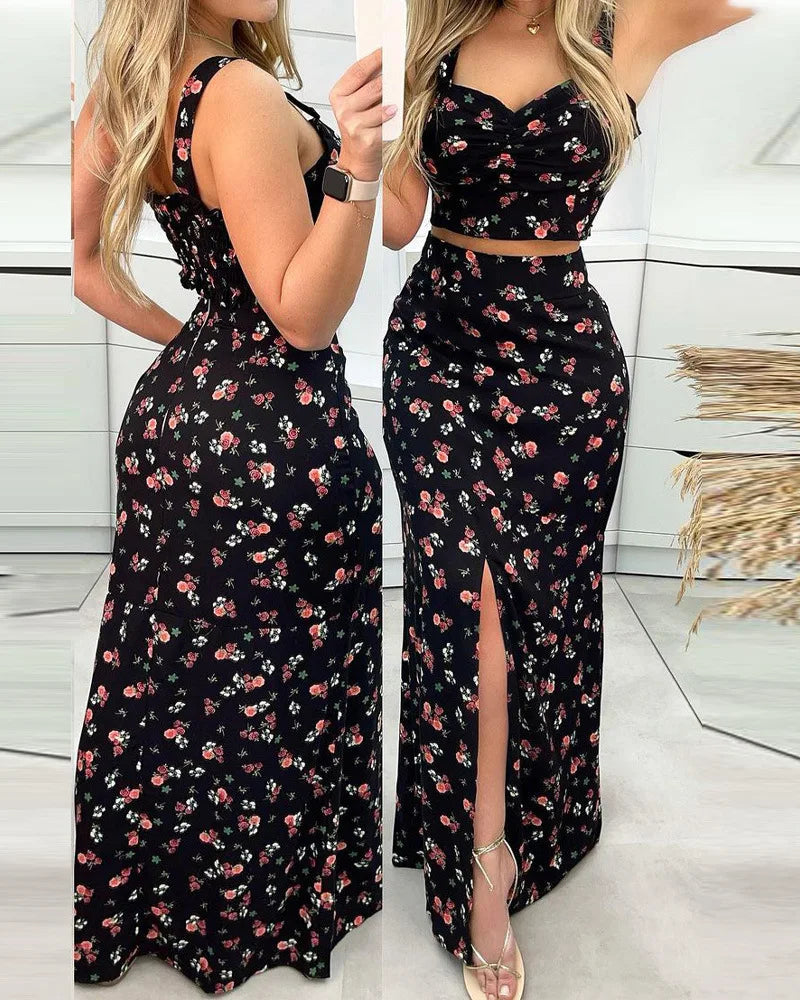 Conjunto de top corto floral y falda larga – Zavina