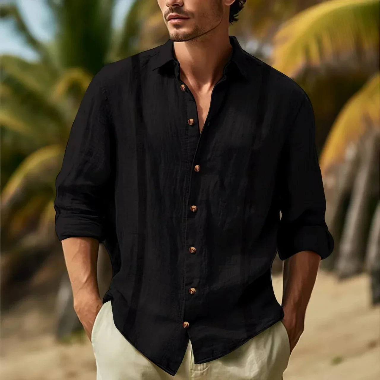 Navarita | Classic Linen Blend Button-Up T-Shirt – White