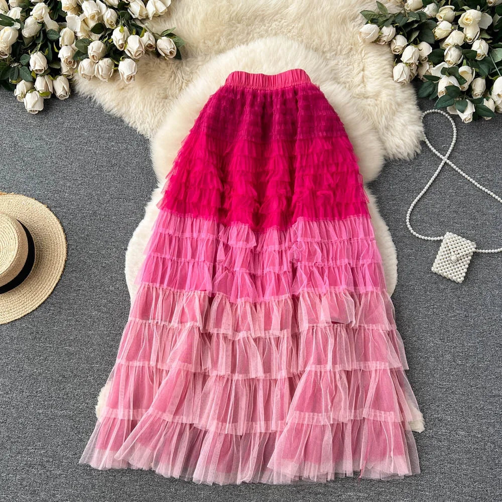 Navarita | Ombre Rainbow Layered Mesh Maxi Skirt