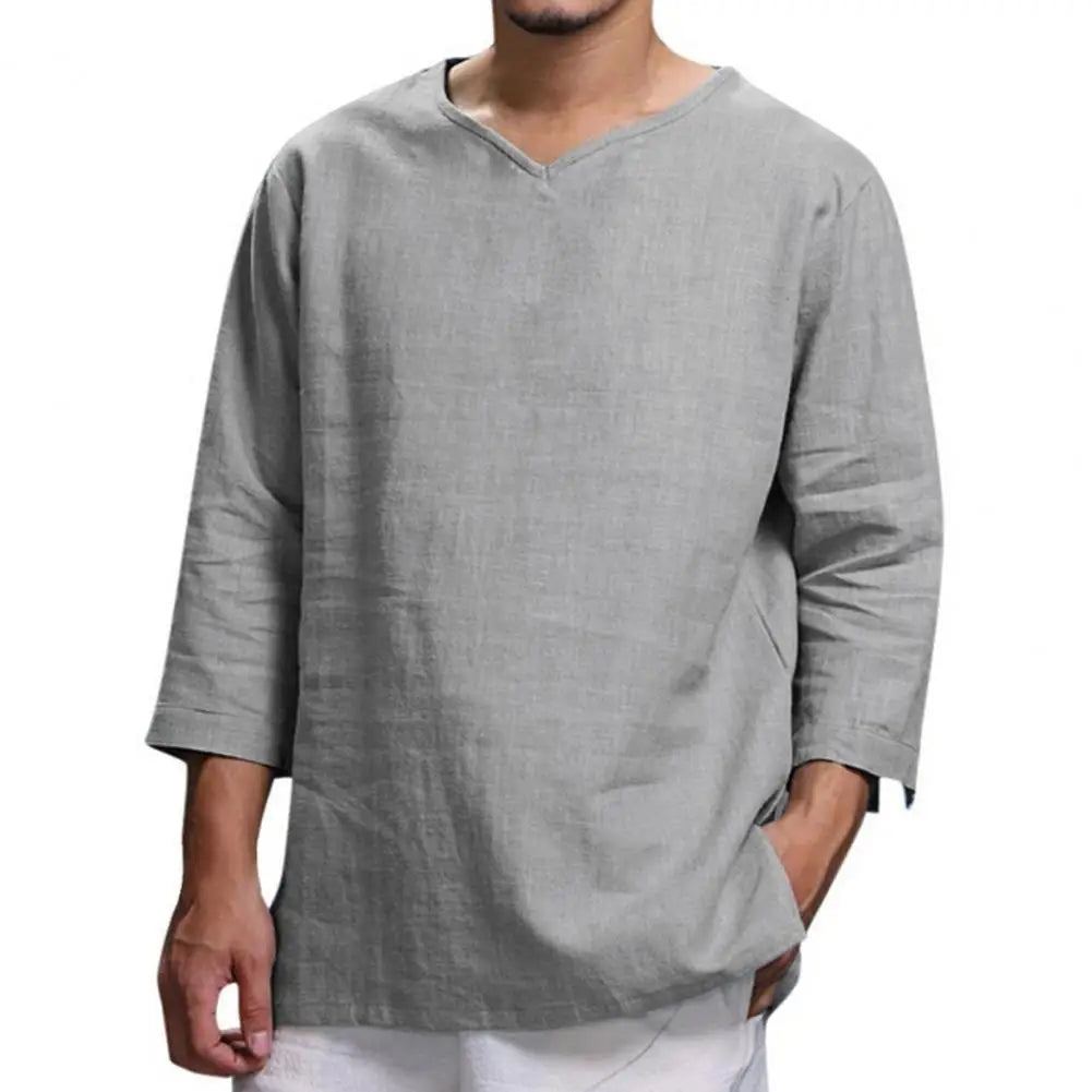 Navarita | Khaki Relaxed Linen 3/4 Sleeve Pullover T-Shirt
