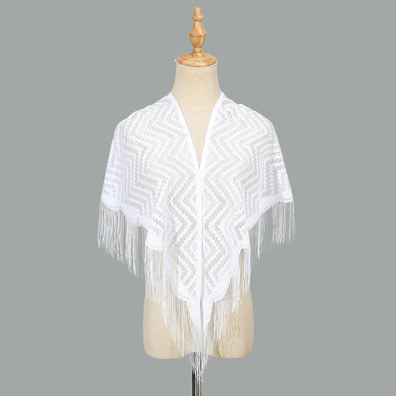 Navarita | White Lace Embroidered Shawl with Tassel Edges