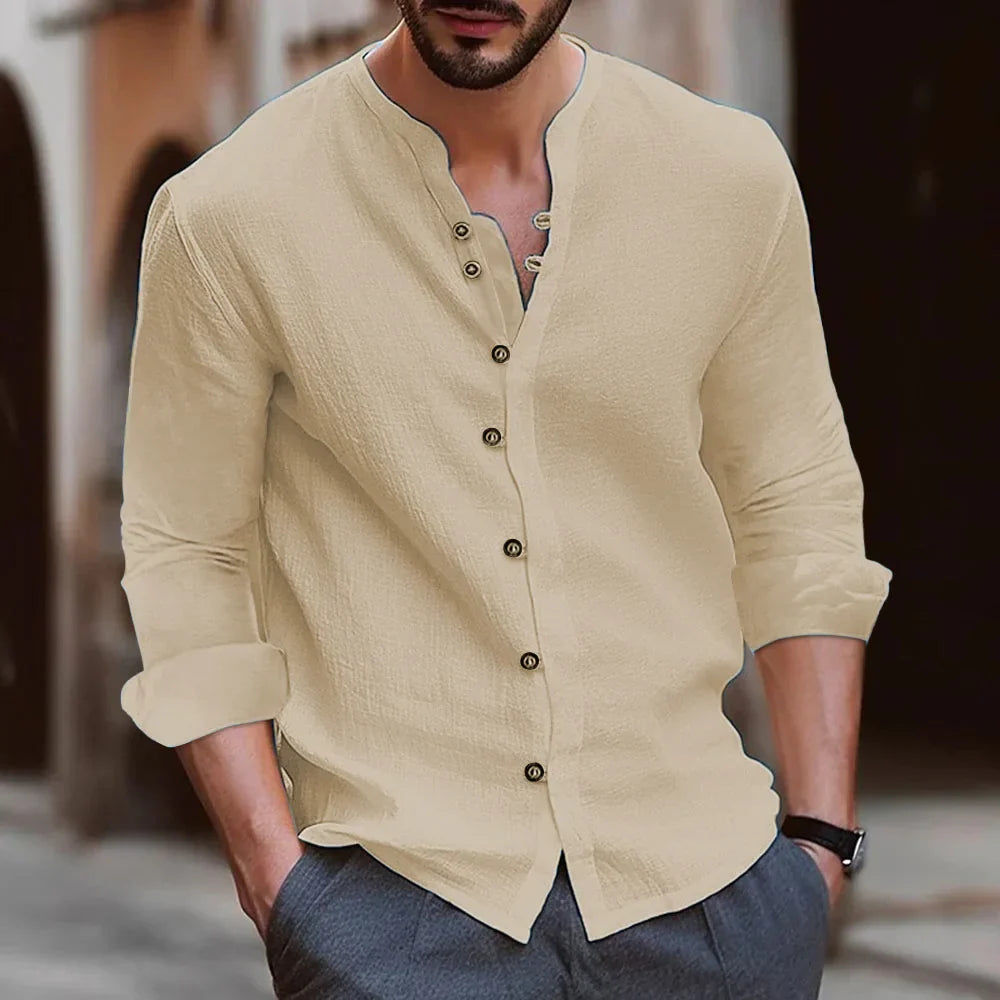 Navarita | Retro Stand Collar Cotton-Linen T-Shirt