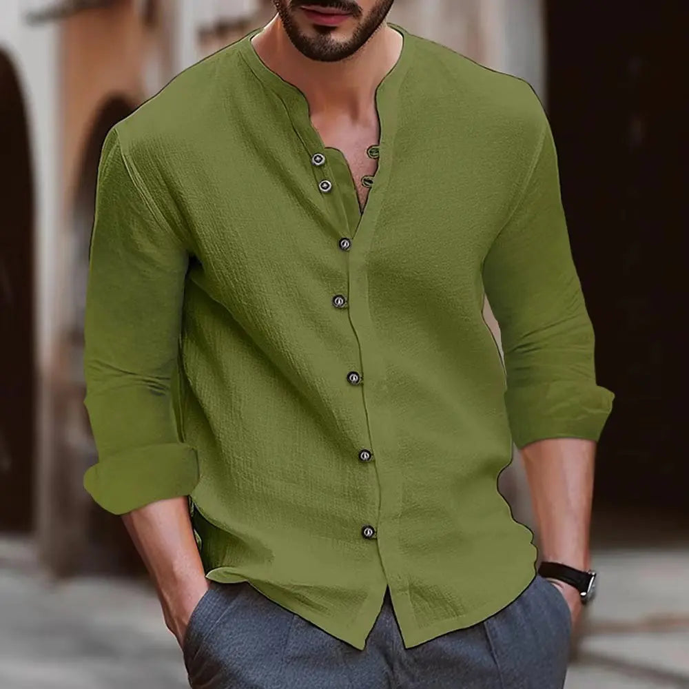 Navarita | Retro Stand Collar Cotton-Linen T-Shirt