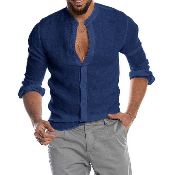 Navarita | Solid Collarless Linen Shirt