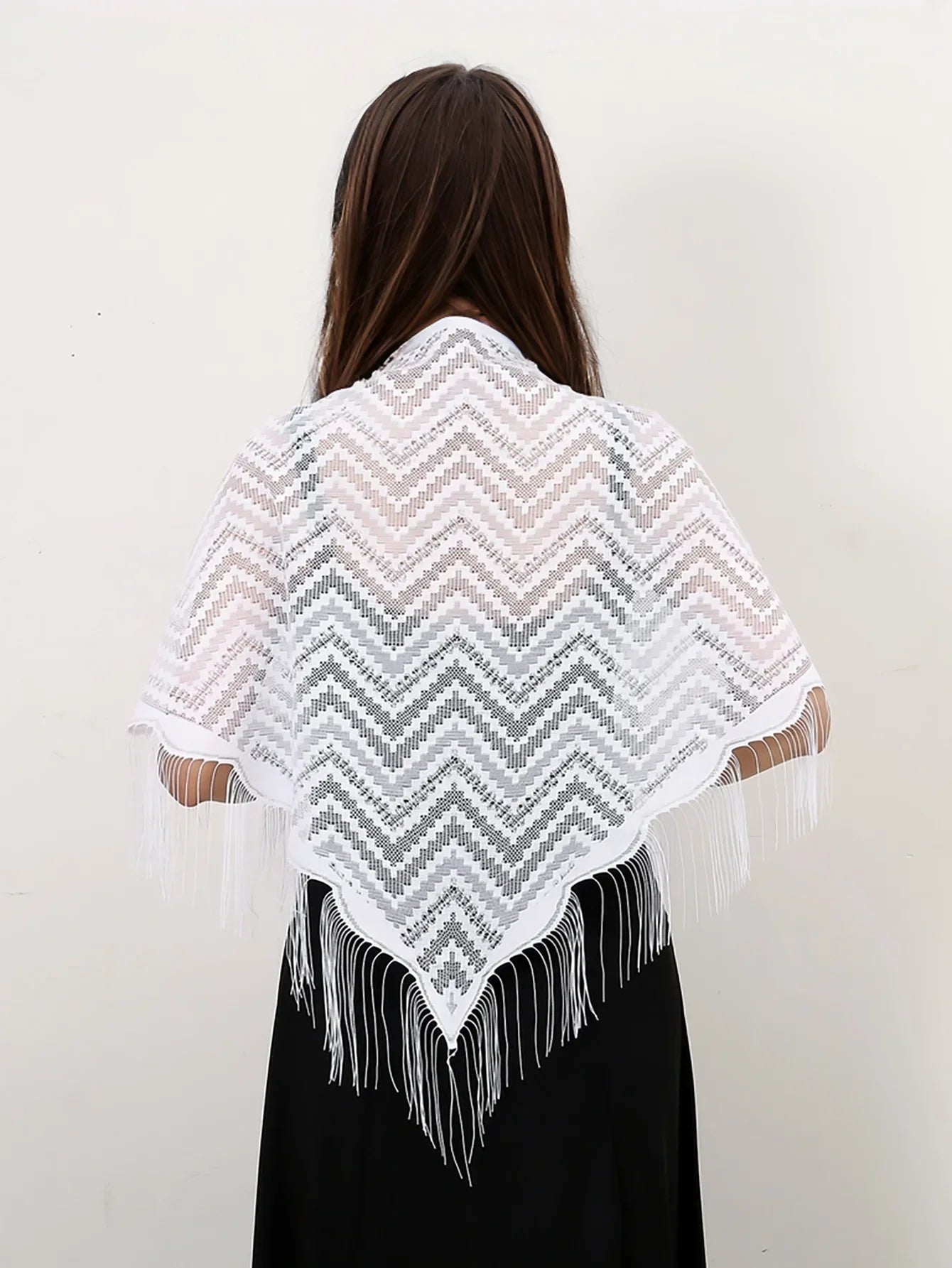 Navarita | White Lace Embroidered Shawl with Tassel Edges