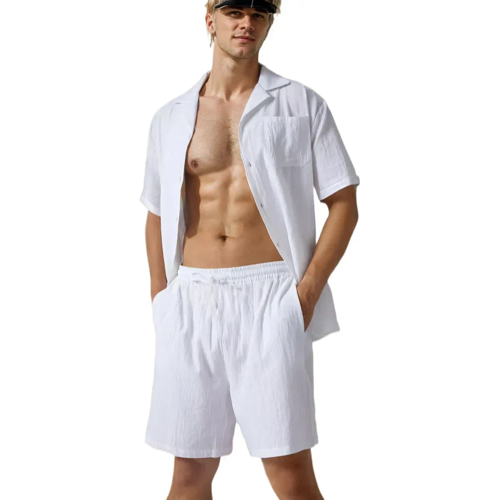 Navarita | Men's White Cotton Linen Cuban Collar Shirt