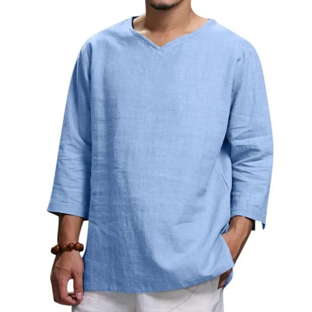 Navarita | Khaki Relaxed Linen 3/4 Sleeve Pullover T-Shirt