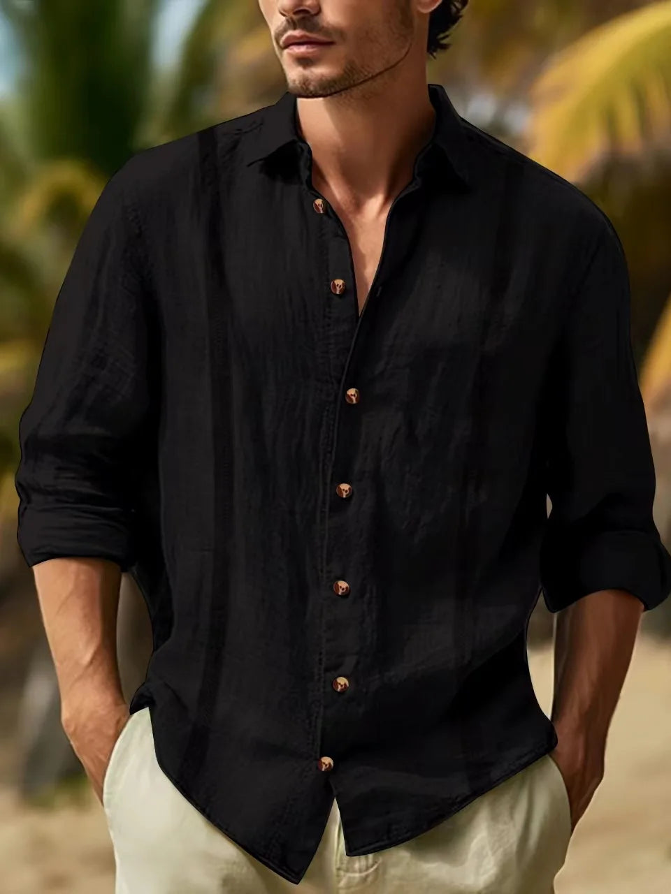 Navarita | Men’s Classic Black Linen Shirt with Turn-down Collar