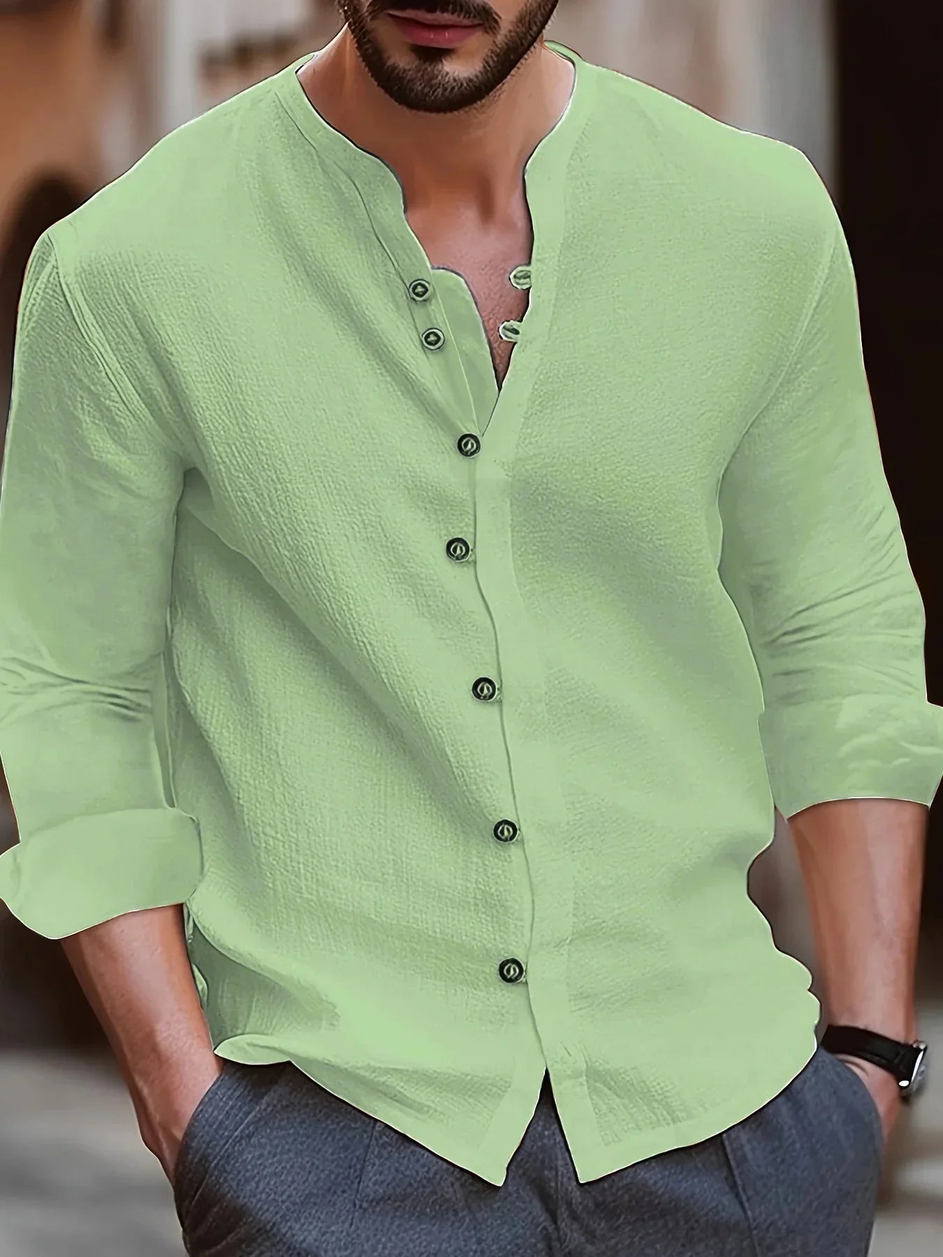 Navarita | Retro Stand Collar Cotton-Linen T-Shirt