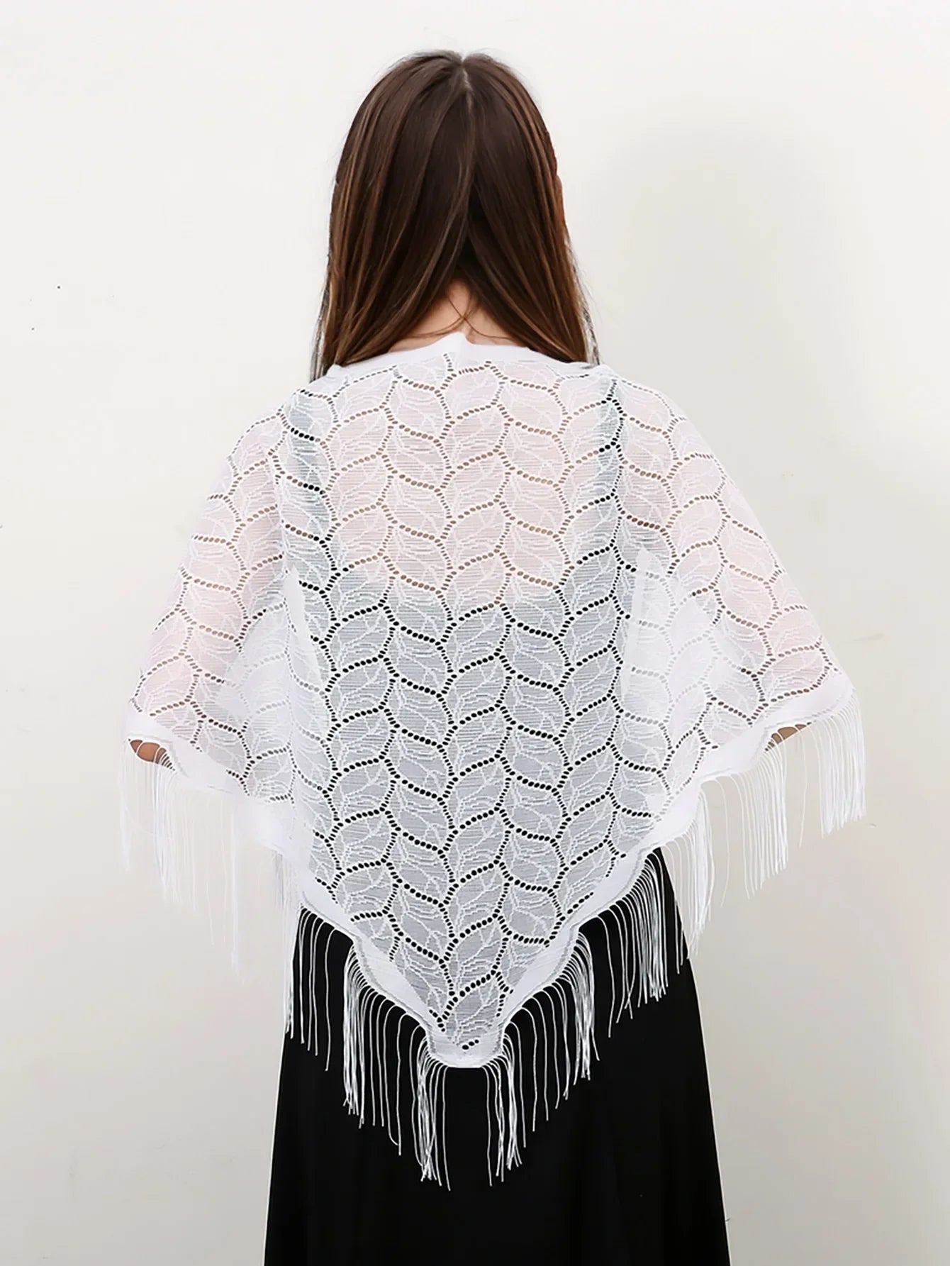 Navarita | White Lace Embroidered Shawl with Tassel Edges