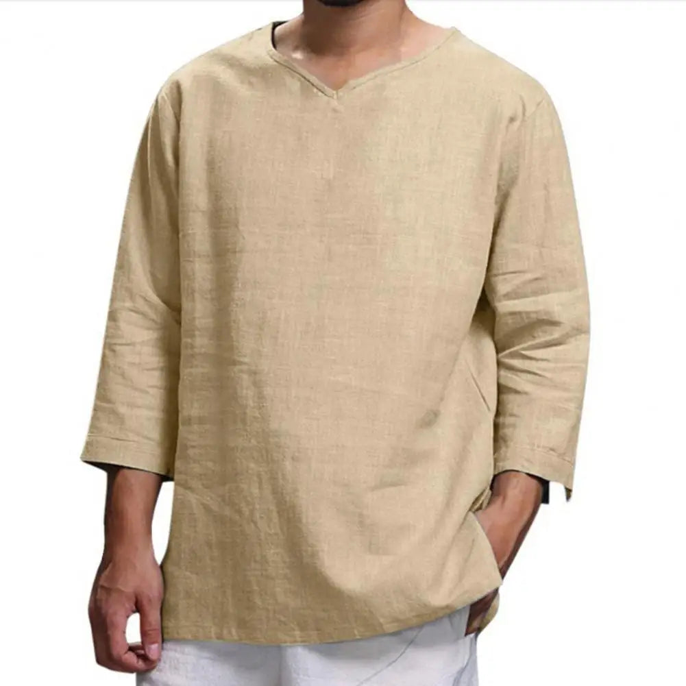 Navarita | Khaki Relaxed Linen 3/4 Sleeve Pullover T-Shirt