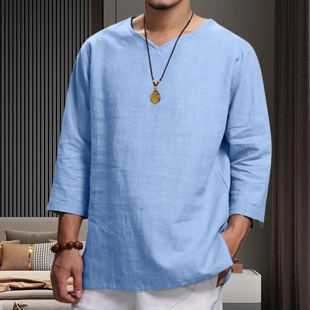 Navarita | Khaki Relaxed Linen 3/4 Sleeve Pullover T-Shirt