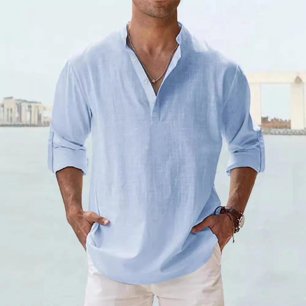 Navarita | Linen-Cotton Long Sleeve T-Shirt in White