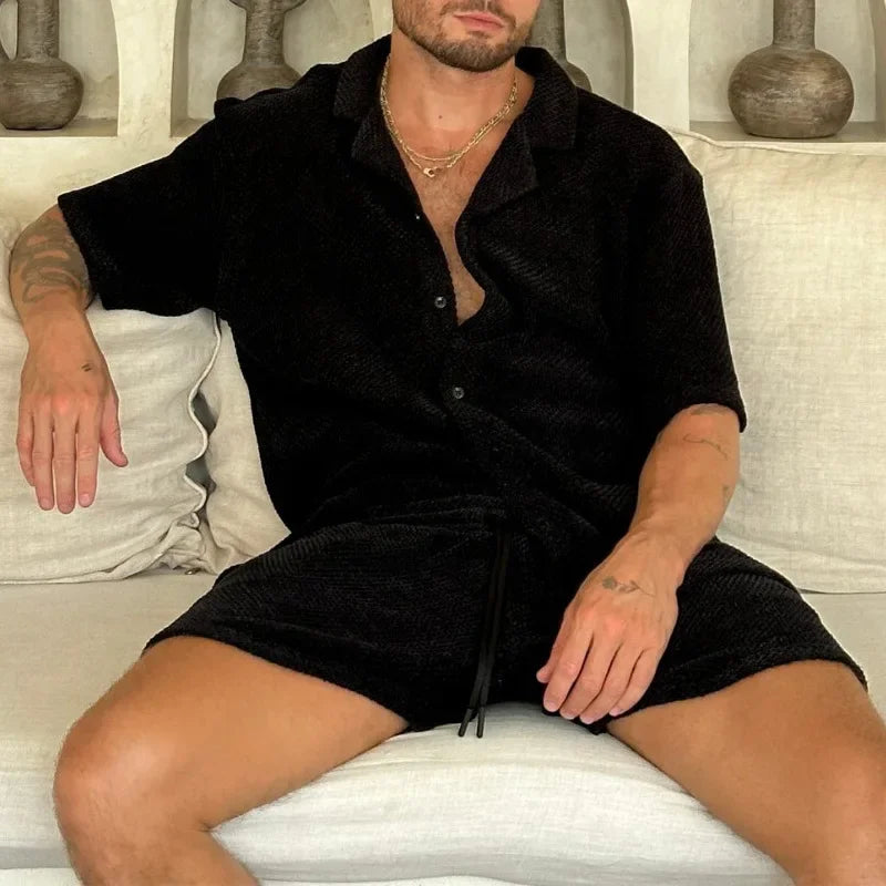 Navarita | Mesh Textured Short Sleeve Button Shirt & Shorts Set