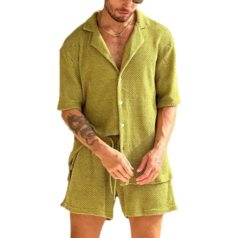Navarita | Mesh Textured Short Sleeve Button Shirt & Shorts Set