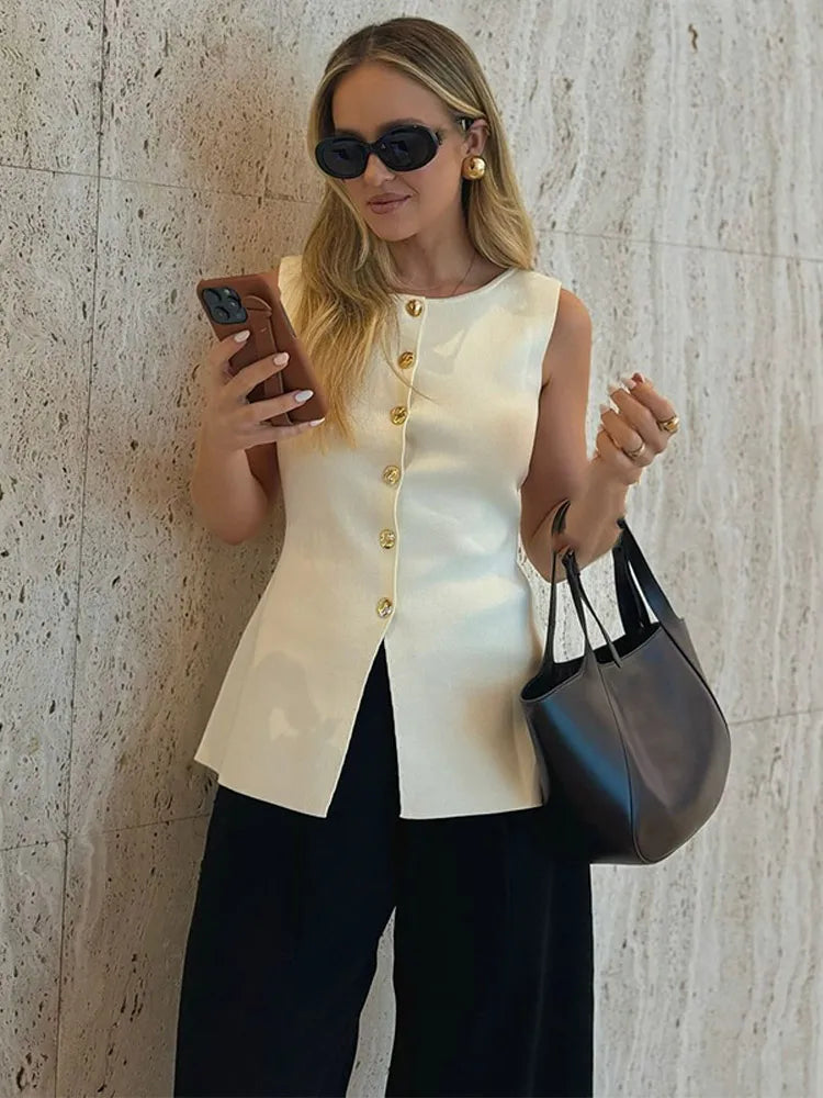 Navarita | Golden Button Slim Knit Vest – White