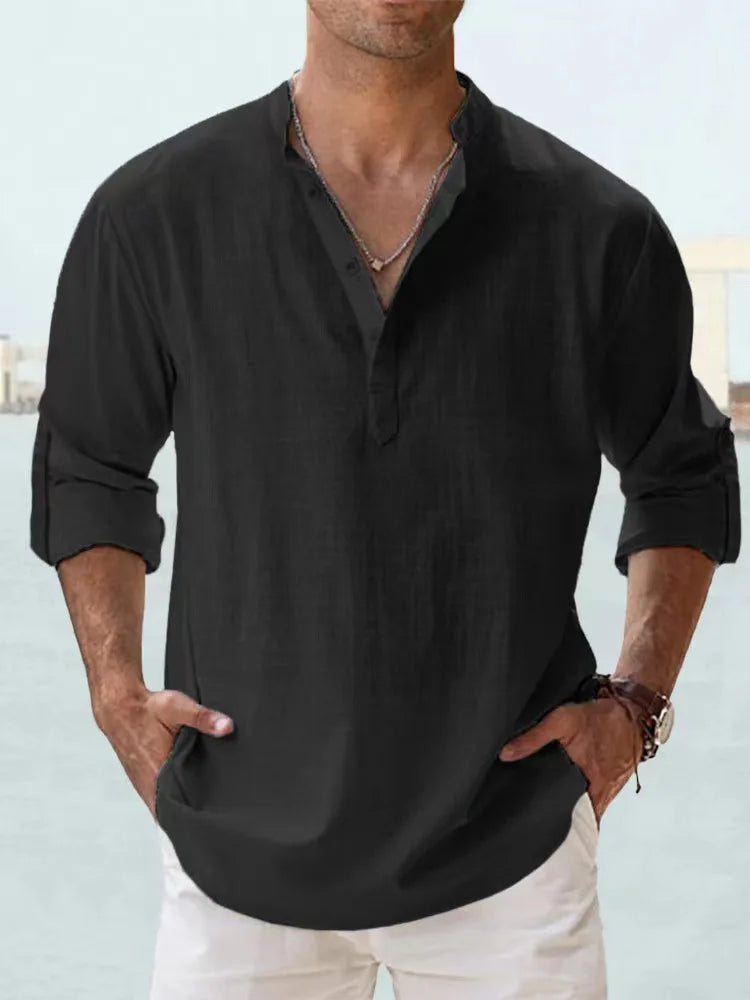 Navarita | Linen-Cotton Long Sleeve T-Shirt in White