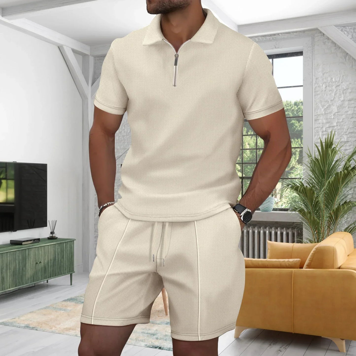 Navarita | Men's Waffle Zip-Collar Short Set