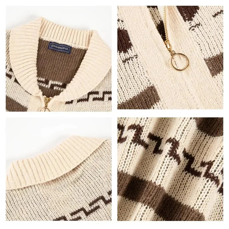 Navarita | Khaki Patterned Zip-Up Knit Cardigan with Shawl Collar