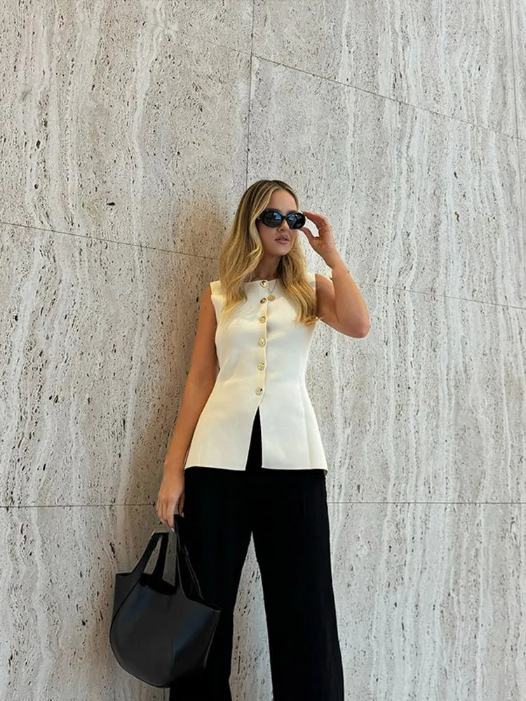 Navarita | Golden Button Slim Knit Vest – White