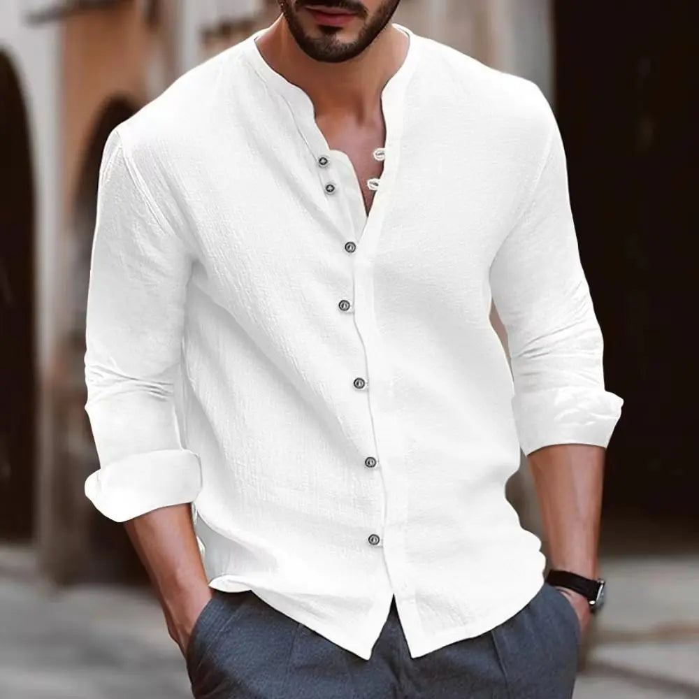 Navarita | Retro Stand Collar Cotton-Linen T-Shirt