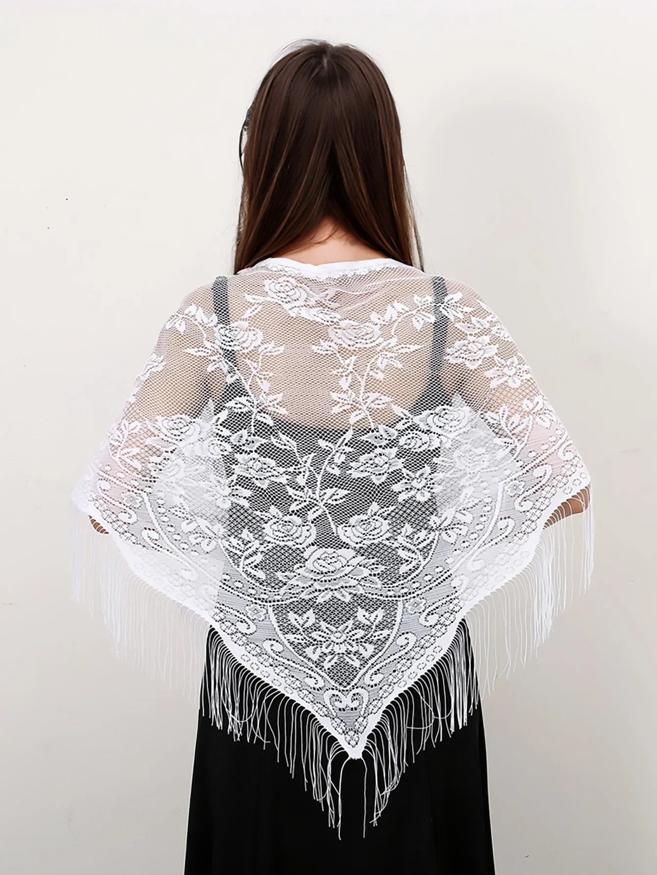 Navarita | White Lace Embroidered Shawl with Tassel Edges