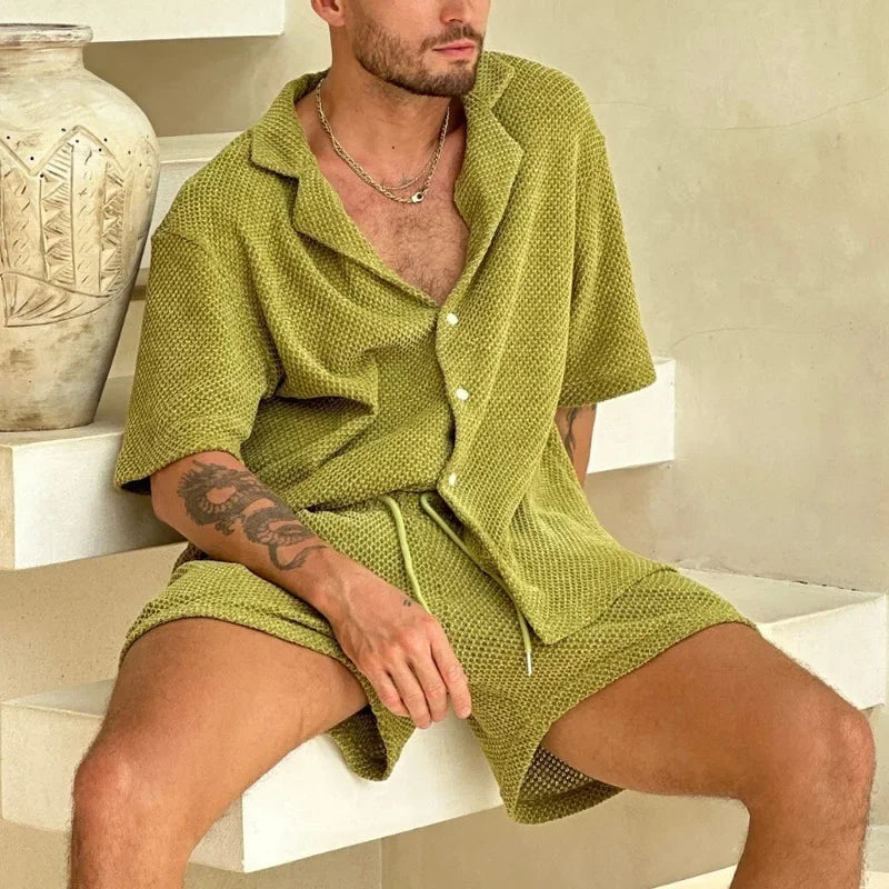 Navarita | Mesh Textured Short Sleeve Button Shirt & Shorts Set