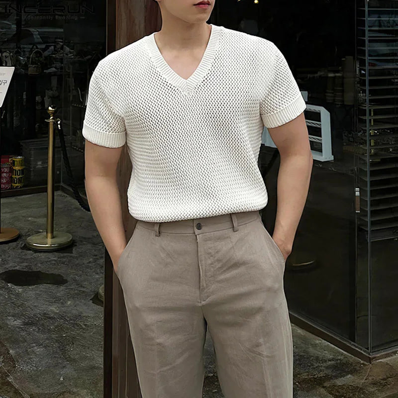 Navarita | Knitted Mesh V-Neck Tee in Beige