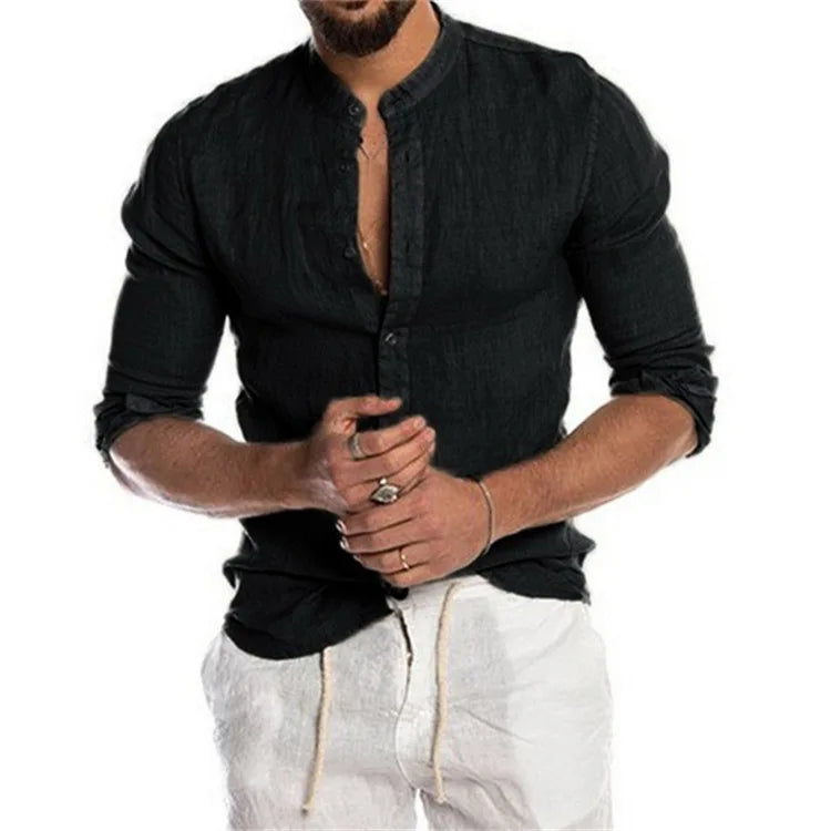 Navarita | Solid Collarless Linen Shirt