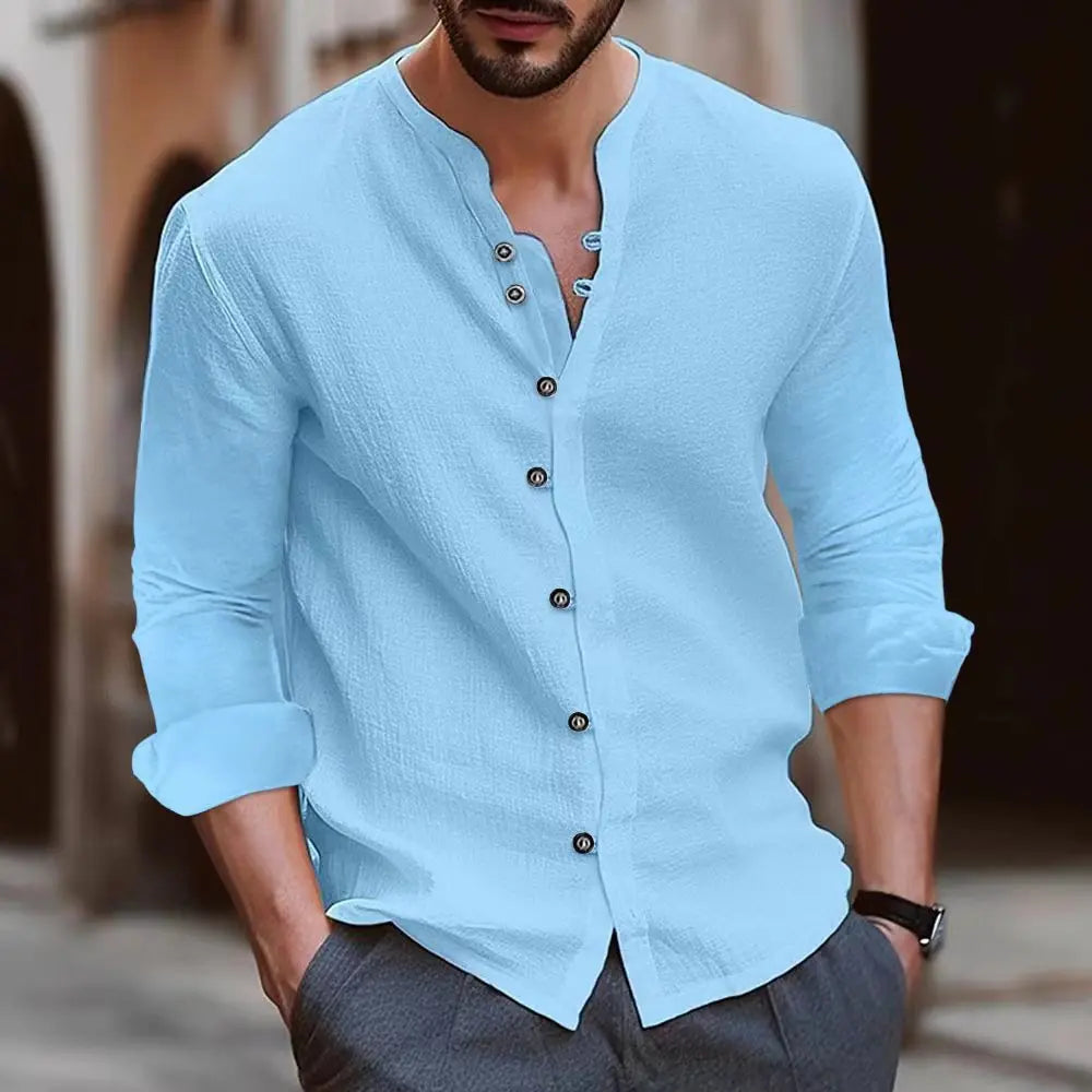 Navarita | Retro Stand Collar Cotton-Linen T-Shirt
