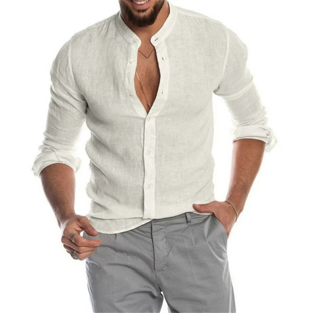 Navarita | Solid Collarless Linen Shirt