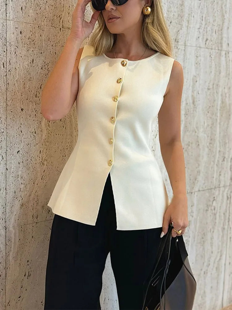 Navarita | Golden Button Slim Knit Vest – White