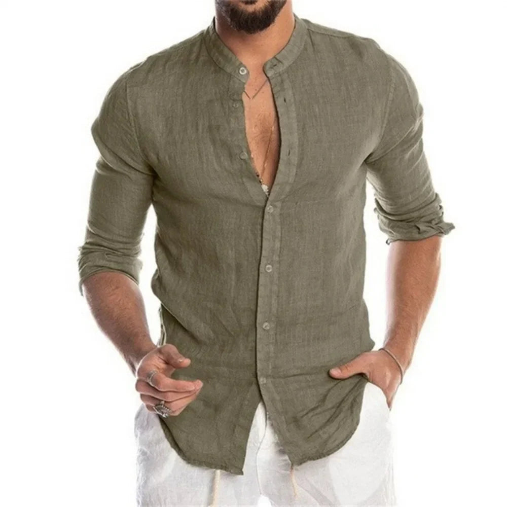 Navarita | Solid Collarless Linen Shirt