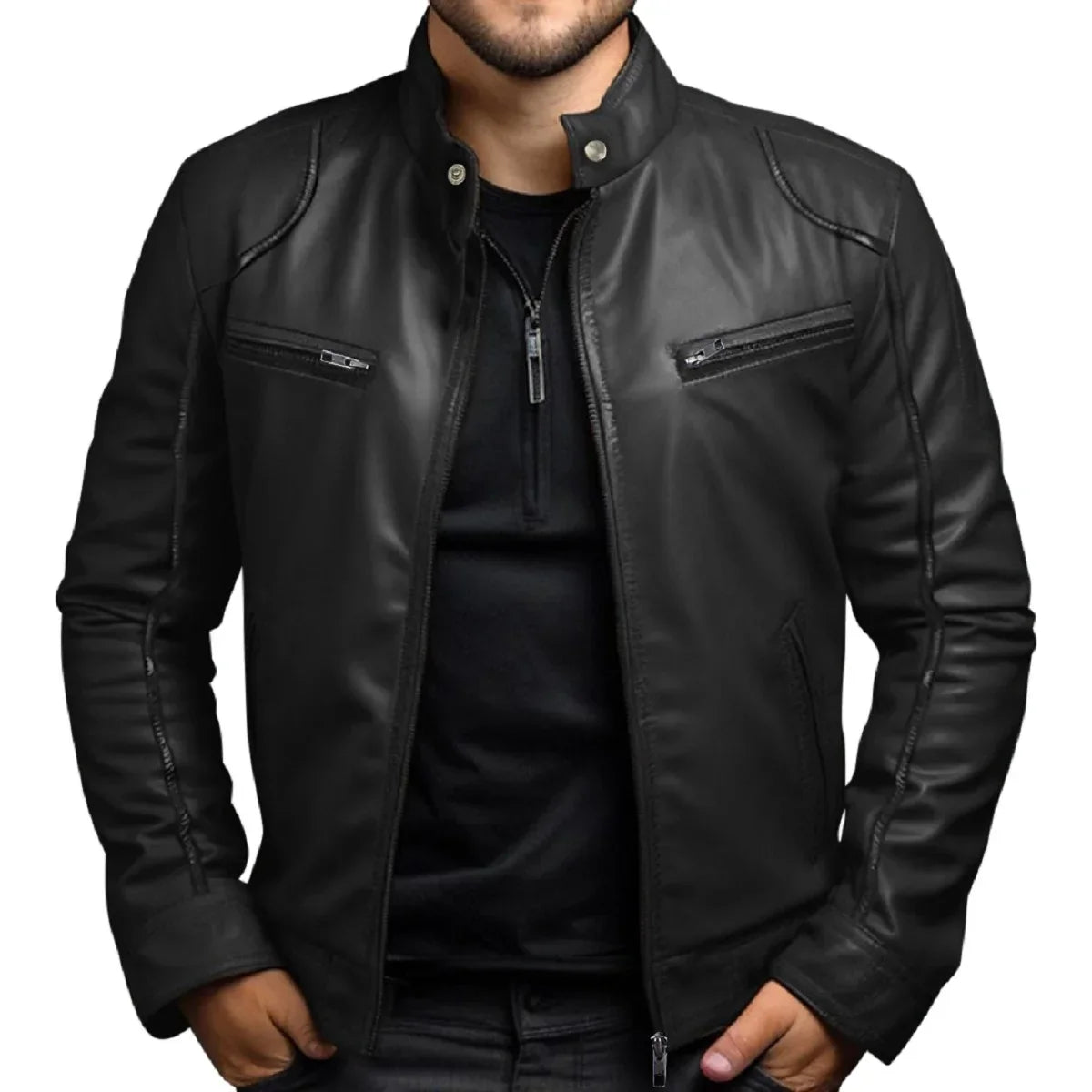 Navarita | Faux Leather Biker Jacket with Stand Collar