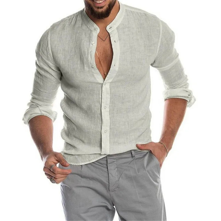 Navarita | Solid Collarless Linen Shirt