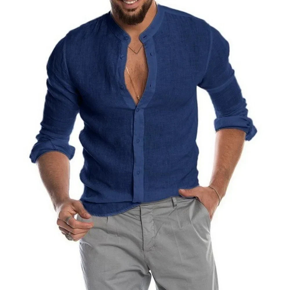 Navarita | Solid Collarless Linen Shirt