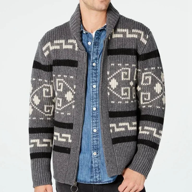 Navarita | Khaki Patterned Zip-Up Knit Cardigan with Shawl Collar
