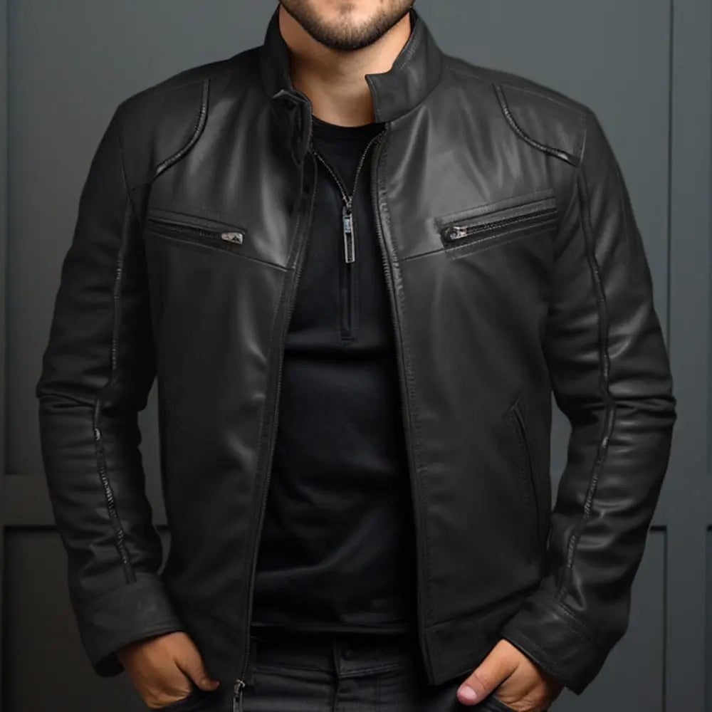 Navarita | Faux Leather Biker Jacket with Stand Collar