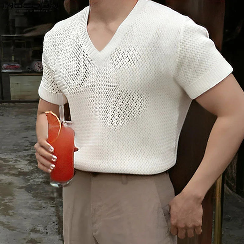 Navarita | Knitted Mesh V-Neck Tee in Beige