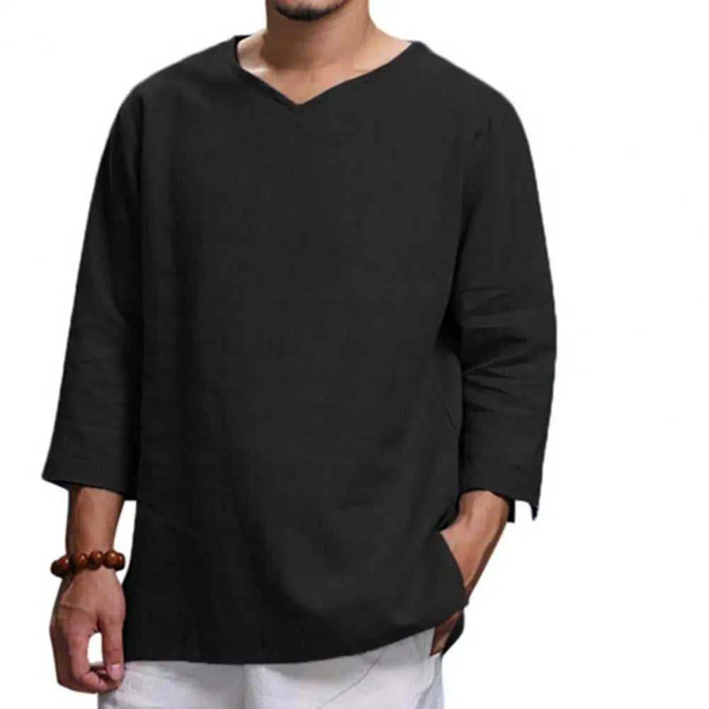Navarita | Khaki Relaxed Linen 3/4 Sleeve Pullover T-Shirt