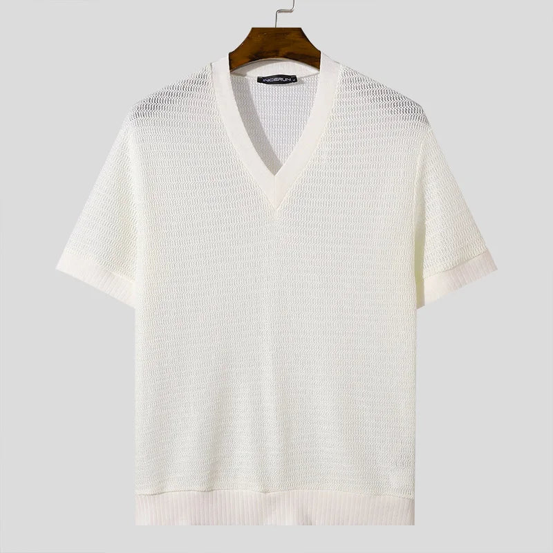 Navarita | Knitted Mesh V-Neck Tee in Beige