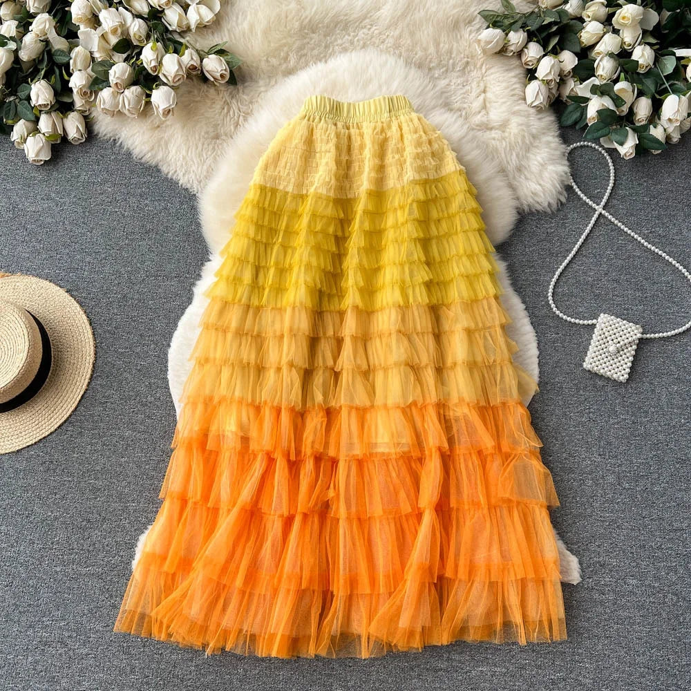 Navarita | Ombre Rainbow Layered Mesh Maxi Skirt
