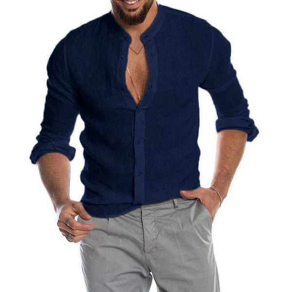 Navarita | Solid Collarless Linen Shirt
