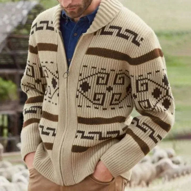 Navarita | Khaki Patterned Zip-Up Knit Cardigan with Shawl Collar