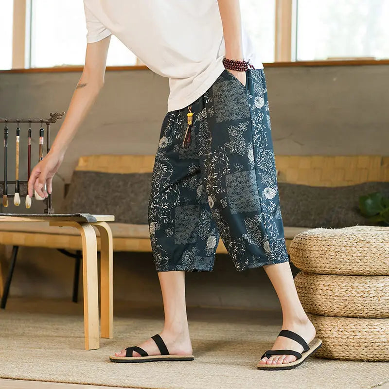Navarita | Printed Cotton-Linen Harem Shorts for Men