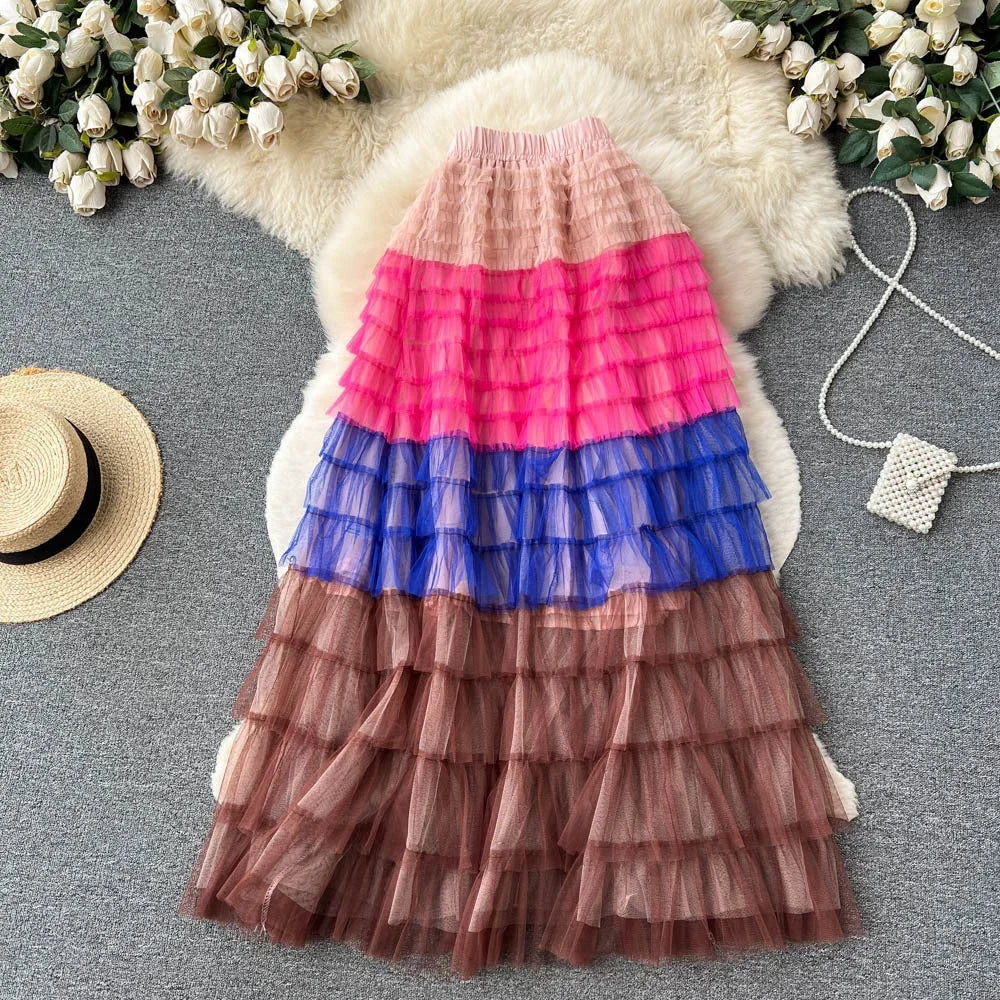 Navarita | Ombre Rainbow Layered Mesh Maxi Skirt