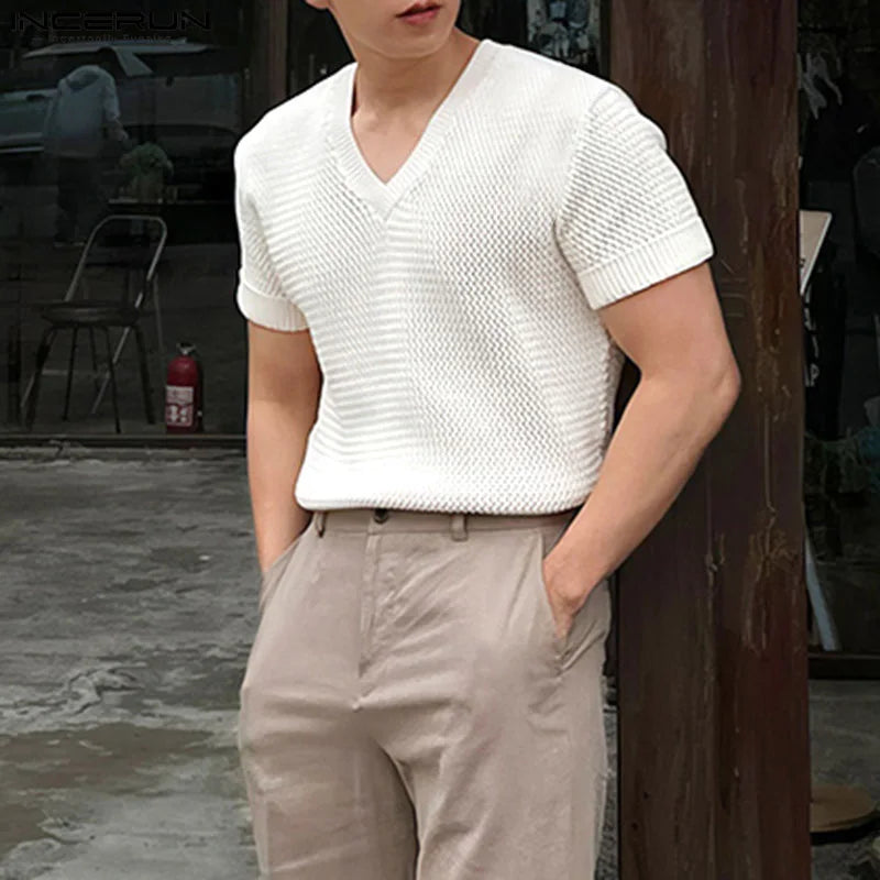 Navarita | Knitted Mesh V-Neck Tee in Beige