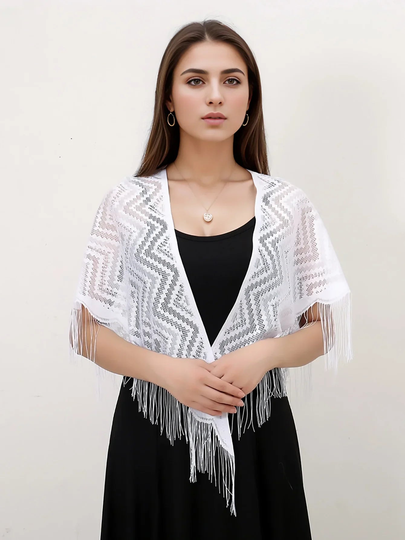 Navarita | White Lace Embroidered Shawl with Tassel Edges