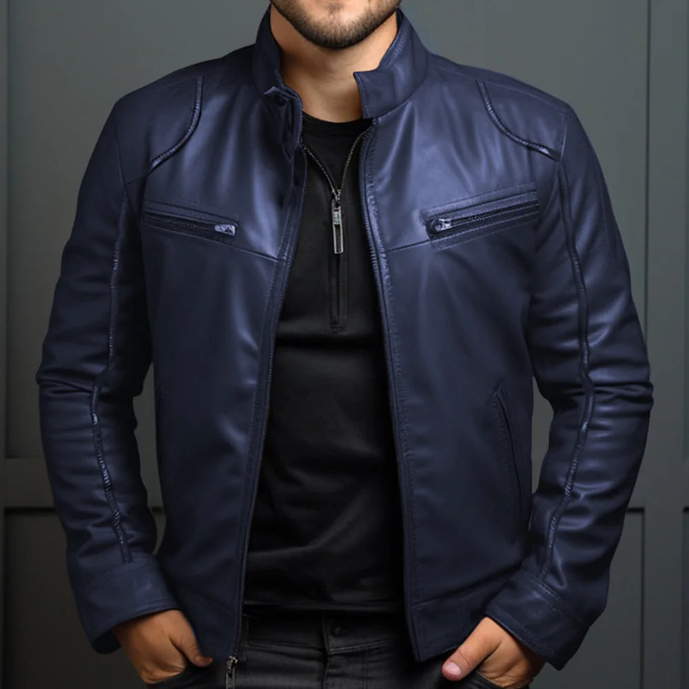 Navarita | Faux Leather Biker Jacket with Stand Collar
